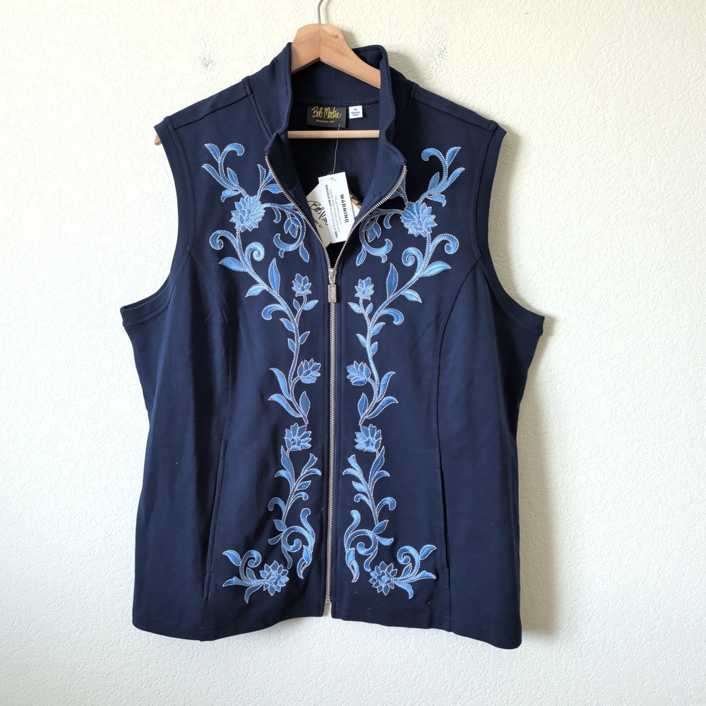 Bob Mackie Wearable Art Navy Blue Floral Embroidered Zip Vest Plus Size 1X NEW